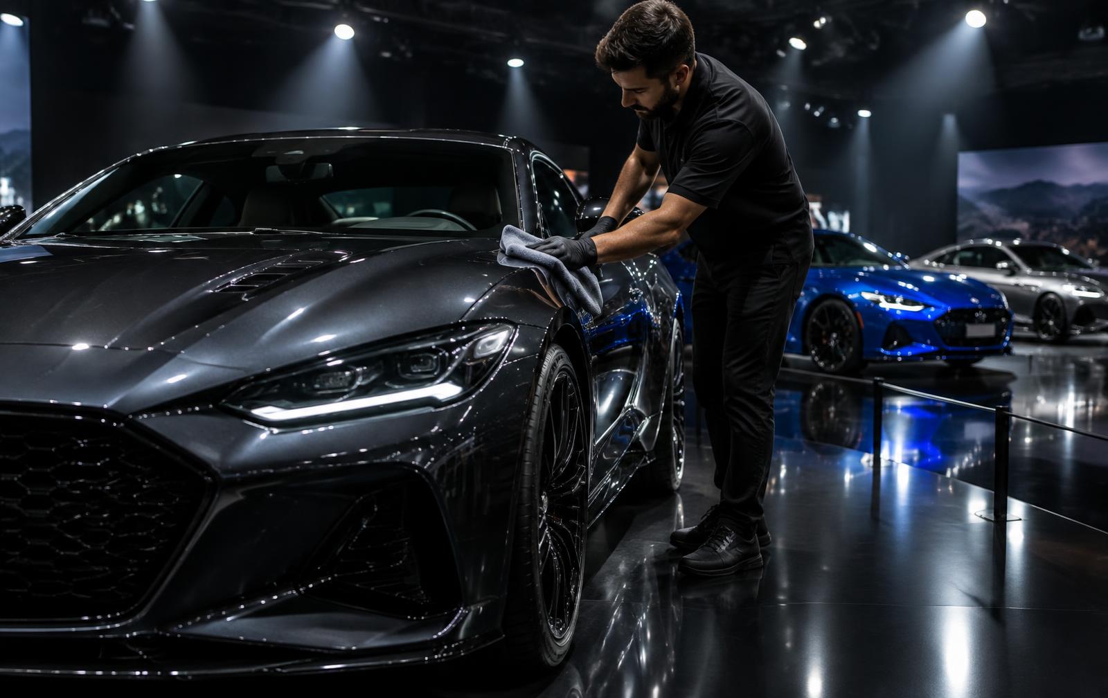 Detailer finishing a display vehicle on an auto show floor